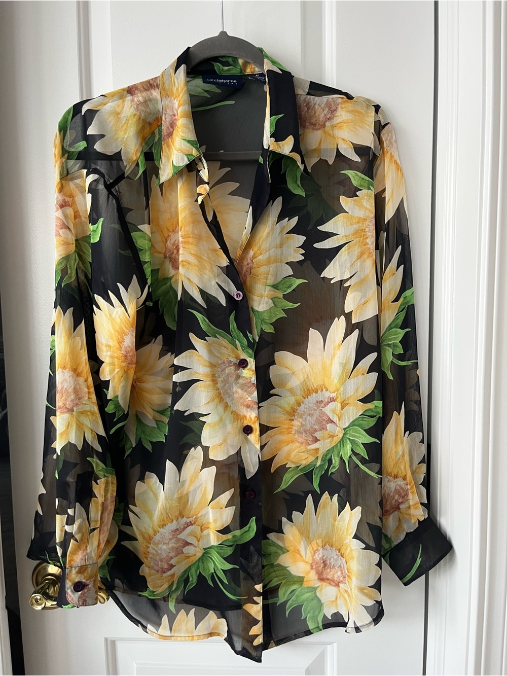 Liz Claiborne Black Sheer Blouse with Yellow Sunflower Print
